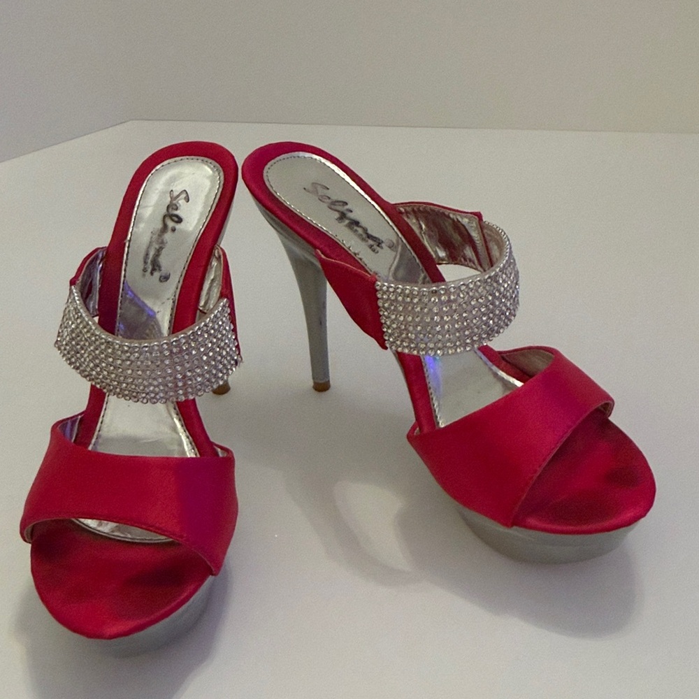 Selina Elegant Red Satin Heels with Rhinestone Strap Size 9